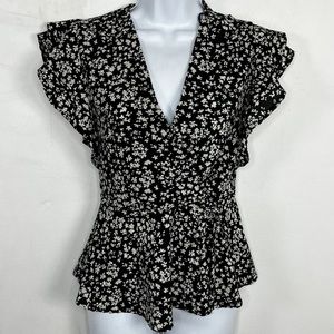 Black and white floral faux wrap blouse - size small